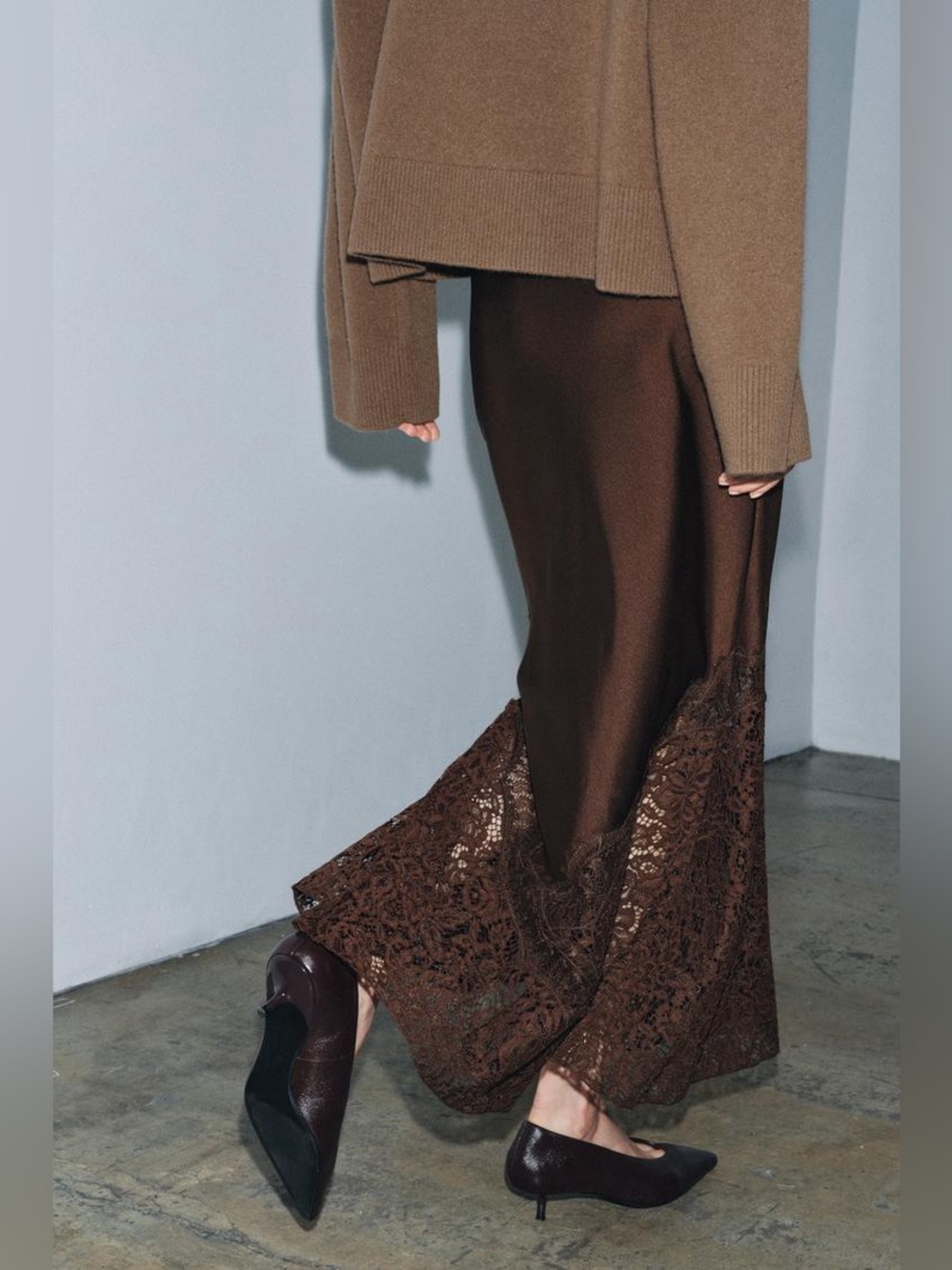 NWOT. Zara ZW Collection Brown High-waist Satin Midi Skirt with Lace. Size S. - Picture 6 of 14